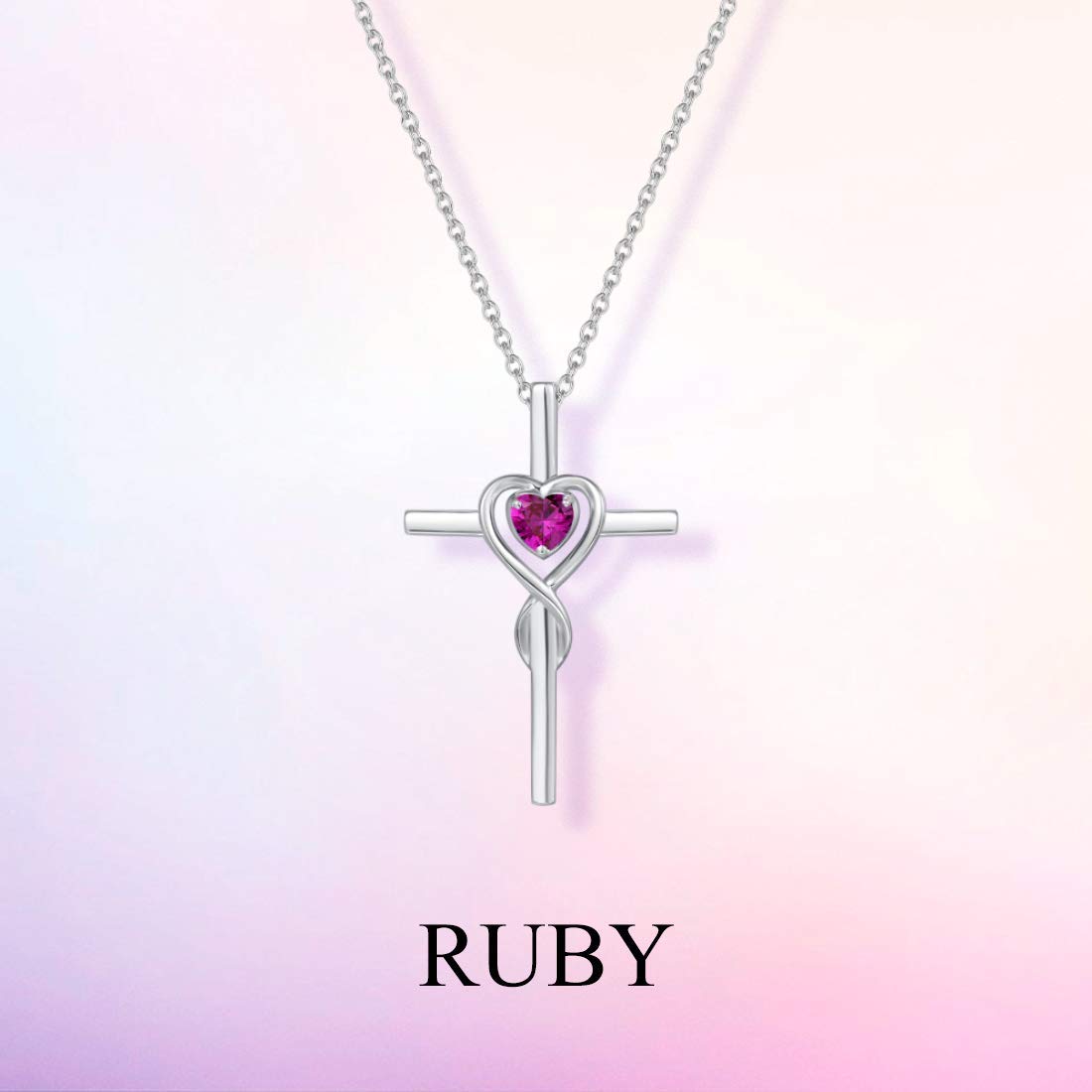FANCIME Ruby Cross Necklace For Women Sterling Silver Birthstone Necklace Ruby Infinity Heart Cross Pendant July Birthstone Jewelry Gifts Valentines Day Gifts for Women