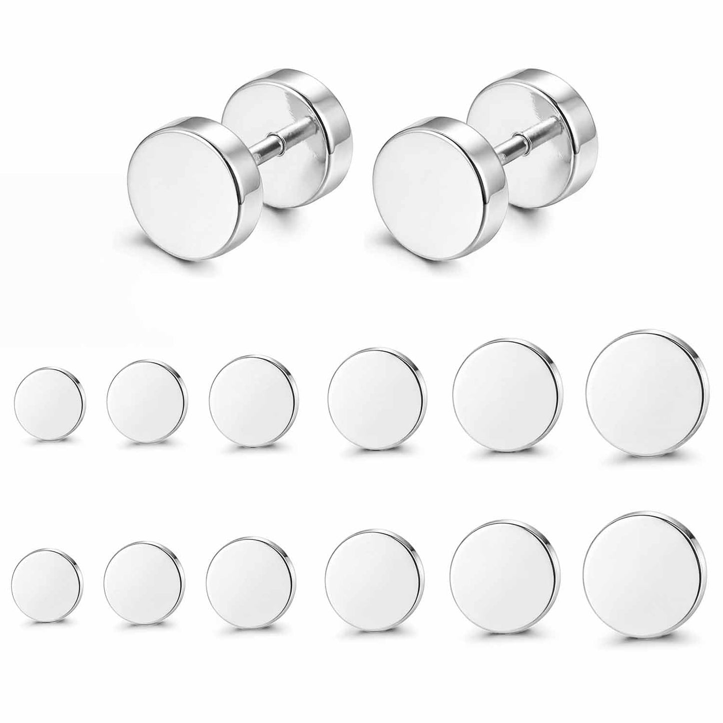 FIBO STEEL 6 Pairs Stainless Steel Black Stud Earrings for Men Women Faux Gauges Ear Tunnel Fake Gauge Earrings 3-8mm Silver