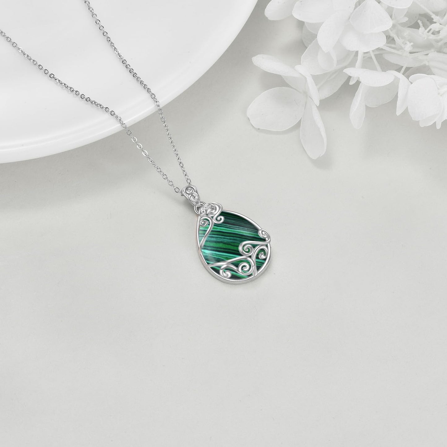 YAFEINI Malachite Necklace for Women 925 Sterling Silver Filigree Teardrop Pendant Necklace Jewelry for Women (TT-Malachite Filigree Necklace)