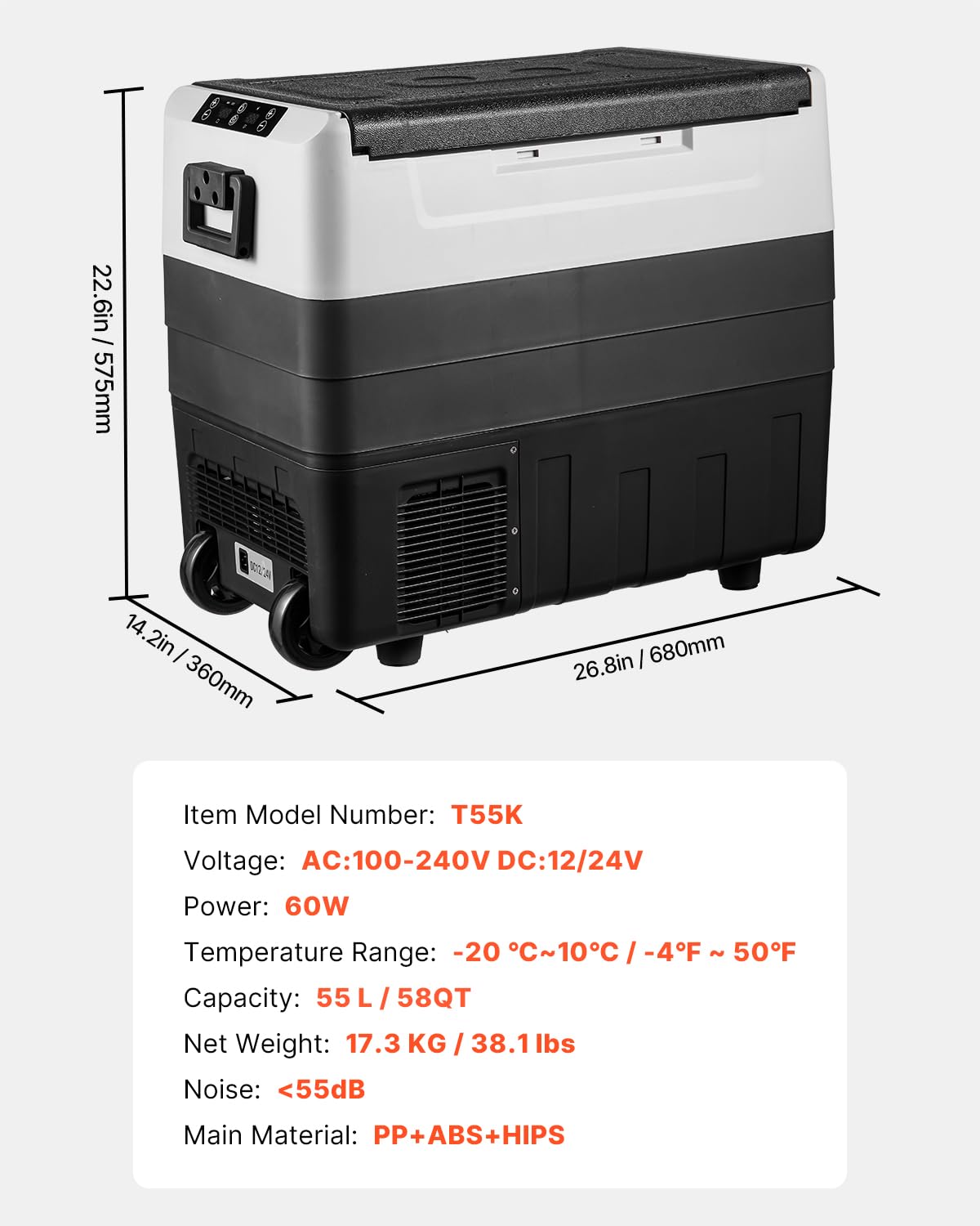 VEVOR Car Refrigerator, 12 Volt Car Refrigerator Fridge, 58 QT/55 L Dual Zone Portable Freezer, -4℉-50℉ Adjustable Range, 12/24V DC and 100-240V AC Compressor Cooler for Outdoor, Camping, Travel, RV