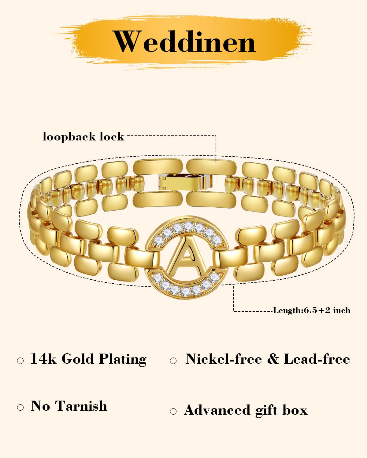 WEDDINEN Initial Bracelet, 14K Gold Plated Letter Bracelet for Women, Thick Bangle Wrist Gold Alphabet Charm Chain, Christmas Jewelry Gifts