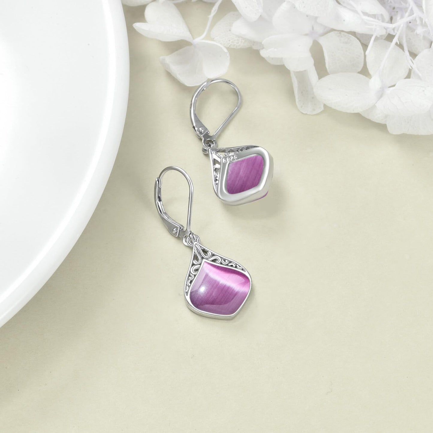 Purple Opal Earrings Sterling Silver Filigree Irish Celtic Rose Quartz Stone Teardrop Drop Earrings Jewelry Christmas Gifts For Women