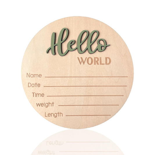 Baby Announcement Sign, 5.9 Inch Wooden Hello World Newborn Signs, Birth Announcement Sign, Baby Shower Hospital Nursery for Newborn Boys and Girls (Forest Green)