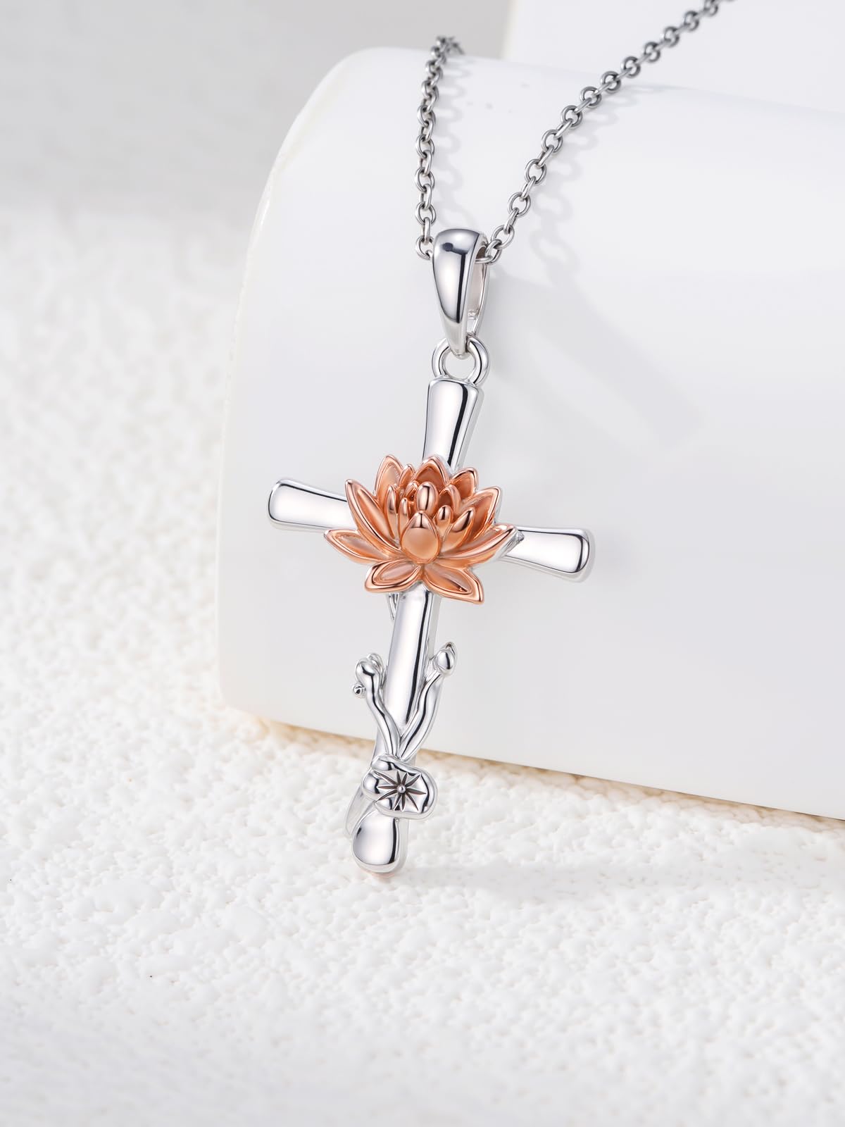 Cargari Lotus Flower Cross Necklace 925 Sterling Silver Lotus Pendant Necklace Floral Religious Jewelry Gift for Women