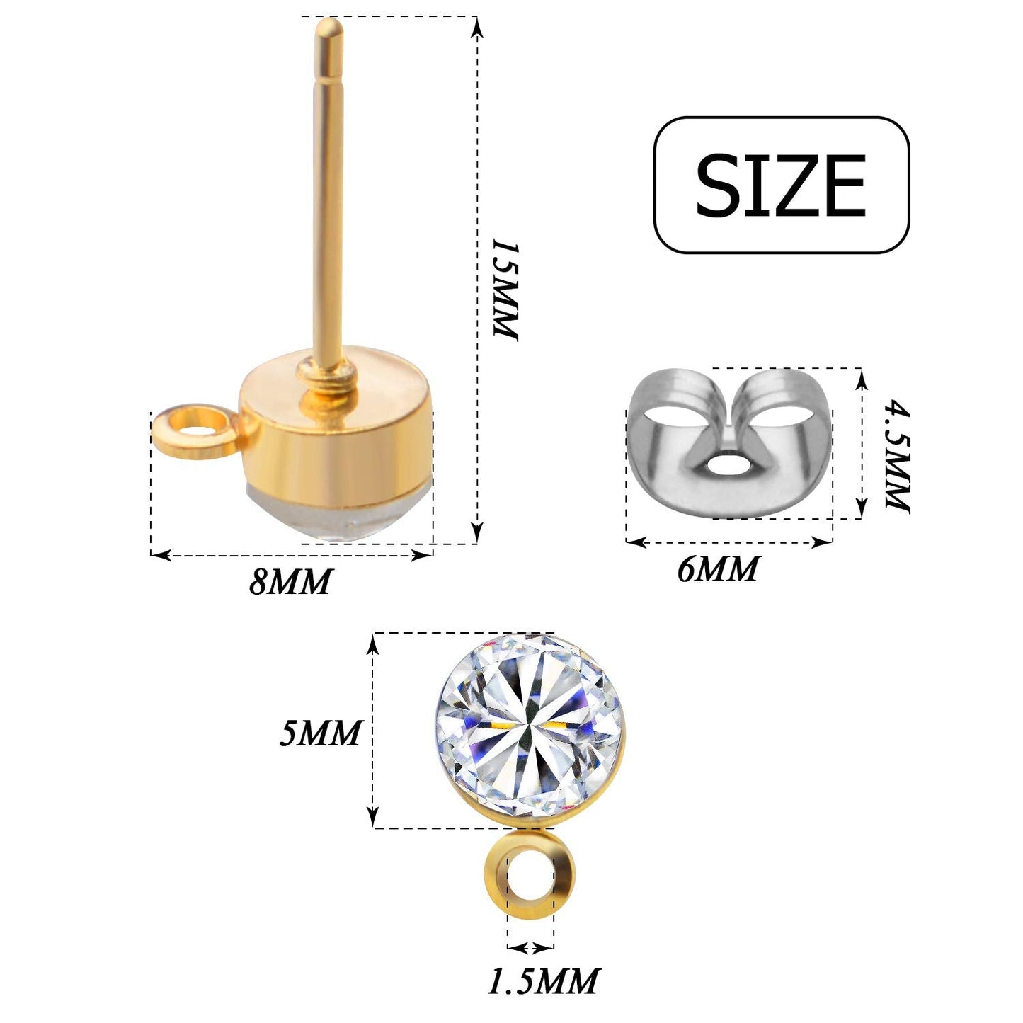 100pcs 5mm Rhinestone Earring Studs Hypoallergenic Earrings Posts with Loop and 100pcs Butterfly Earring Backs for DIY Earring Jewelry Making Supplies