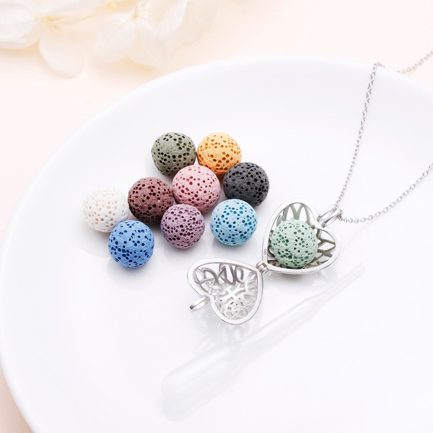 S925 Sterling Silver Aromatherapy Essential Oil Diffuser Necklace Love Heart Celtic Knot Tree of Life Locket Perfume Pendant Necklace Jewelry 18+2 inches Adjustable Chain with 10 PCS Stones