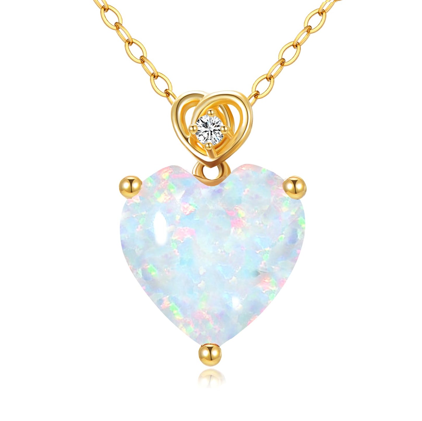 NFYBD 14k Gold Love Heart White Opal Birthstone Pendant Necklace for Women 3 Carat Heart-cut Created Gemstone Anniversary Birthday Mother's Day Necklaces for Her 16+1+1 inch-Opal