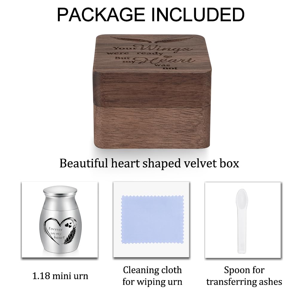 Dletay Angel Wing Small Urns for Human Ashes Square Wooden Keepsake Box 1.57 Inches Heart Mini Cremation Urns for Women Men Memorial Funeral Urn