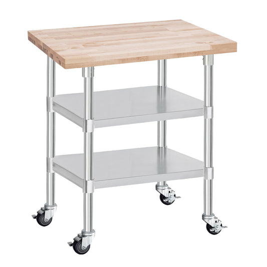 DuraSteel Butcher Block Counter Top - 24 x 30 x 34" Height with 4 Caster Wheels (2 Adjustable) - Kitchen, Side, Coffee, or Dining Table - Optional Base Leg Units, Natural Maple Slab Work Bench Top