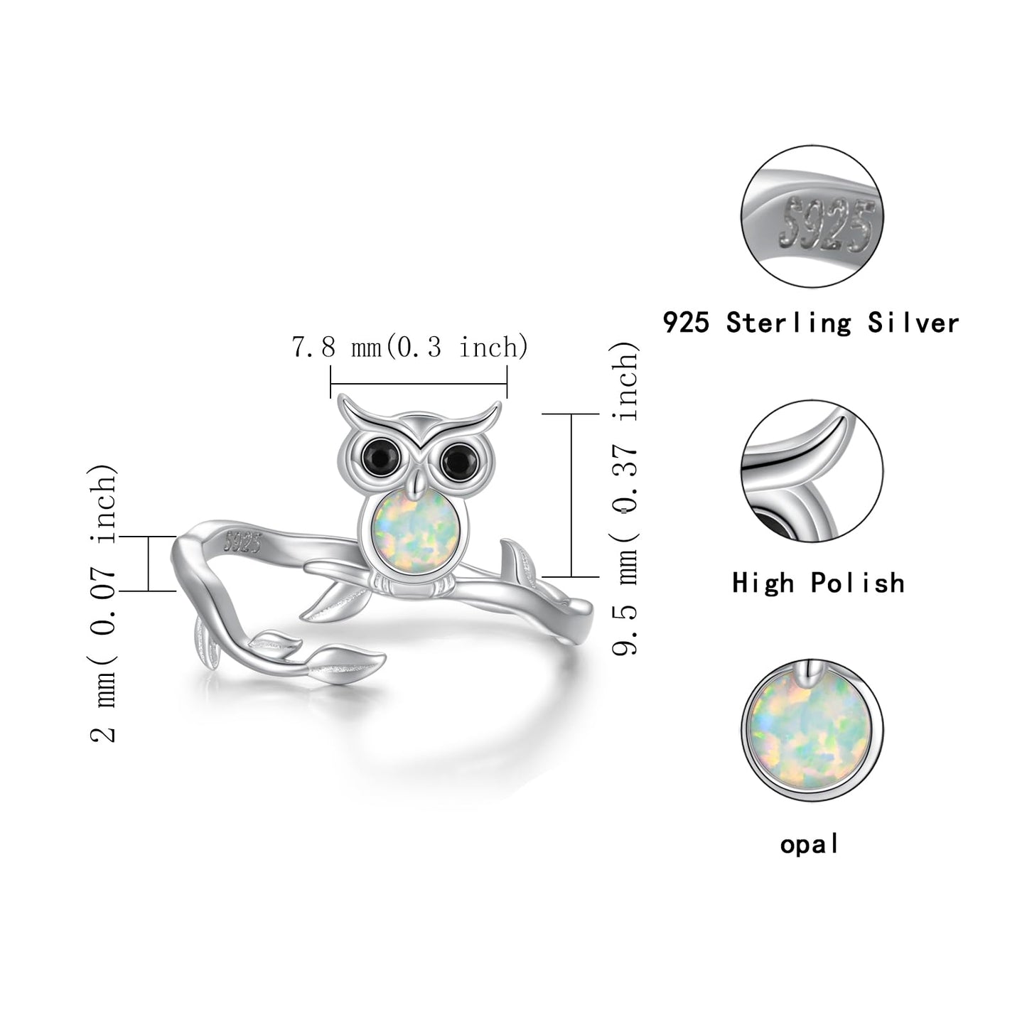 Zepmais 925 Sterling Silver Animal Ring - Adjustable Open Owl Axolotl Rings with Heart Cubic Zirconia Opal Cute Animals Jewelry Gifts for Women (Owl Ring)