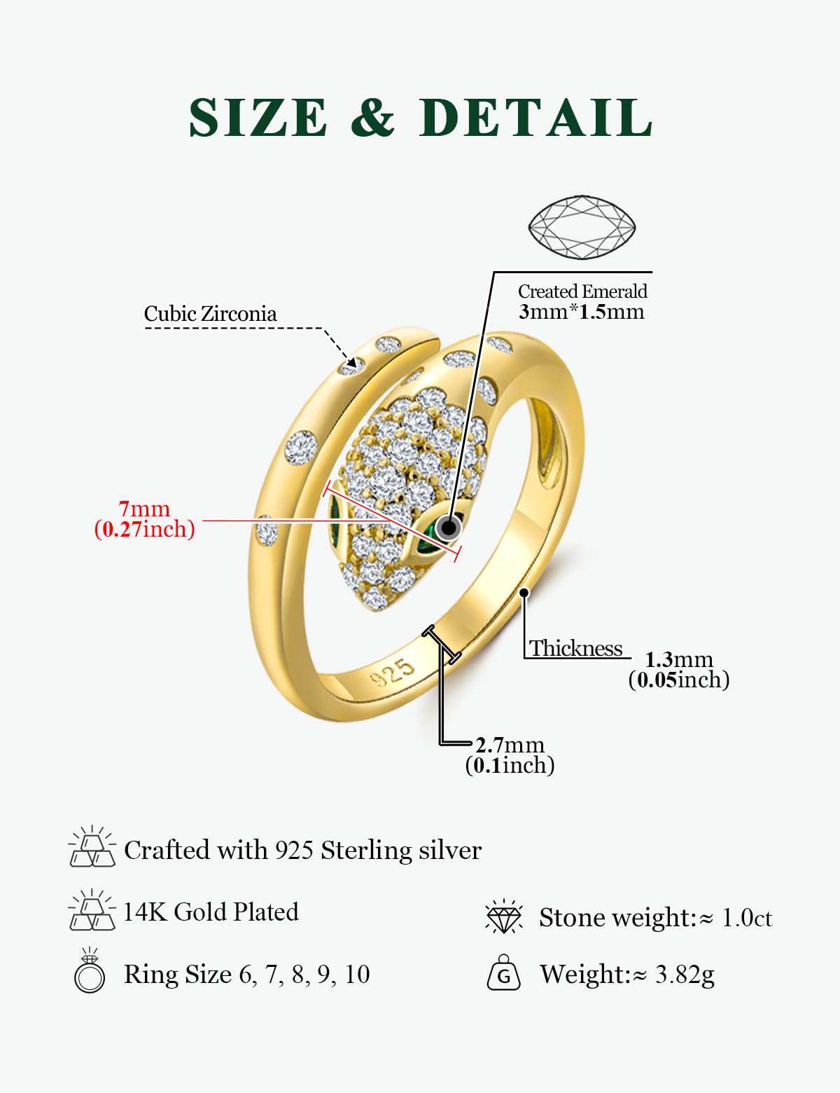 RANDES Fashion Snake Statement Ring Gold Plated Cocktail Rings for Women Sterling Silver Punk Jewelry Created Emerald Diamond Snake Rings Size 9