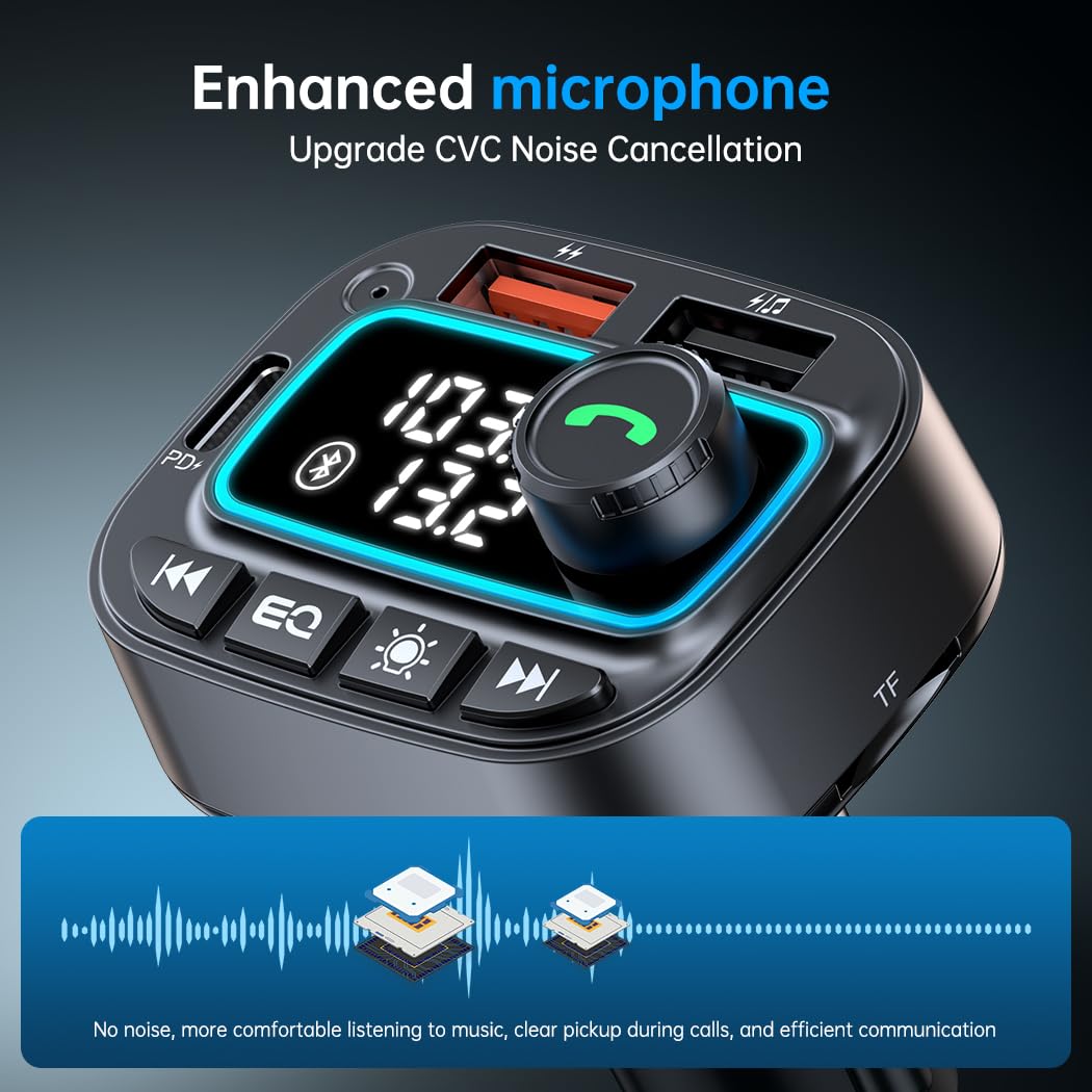 Bluetooth 5.3 Car Adapter FM Transmitter, 42W (PD30W & 12W) USB C Car Charger Wireless Radio Receiver, Hands-Free Calling MP3 Audio Player Cars Kit, Light Switch & Fast Charging & Deep Bass (Black)