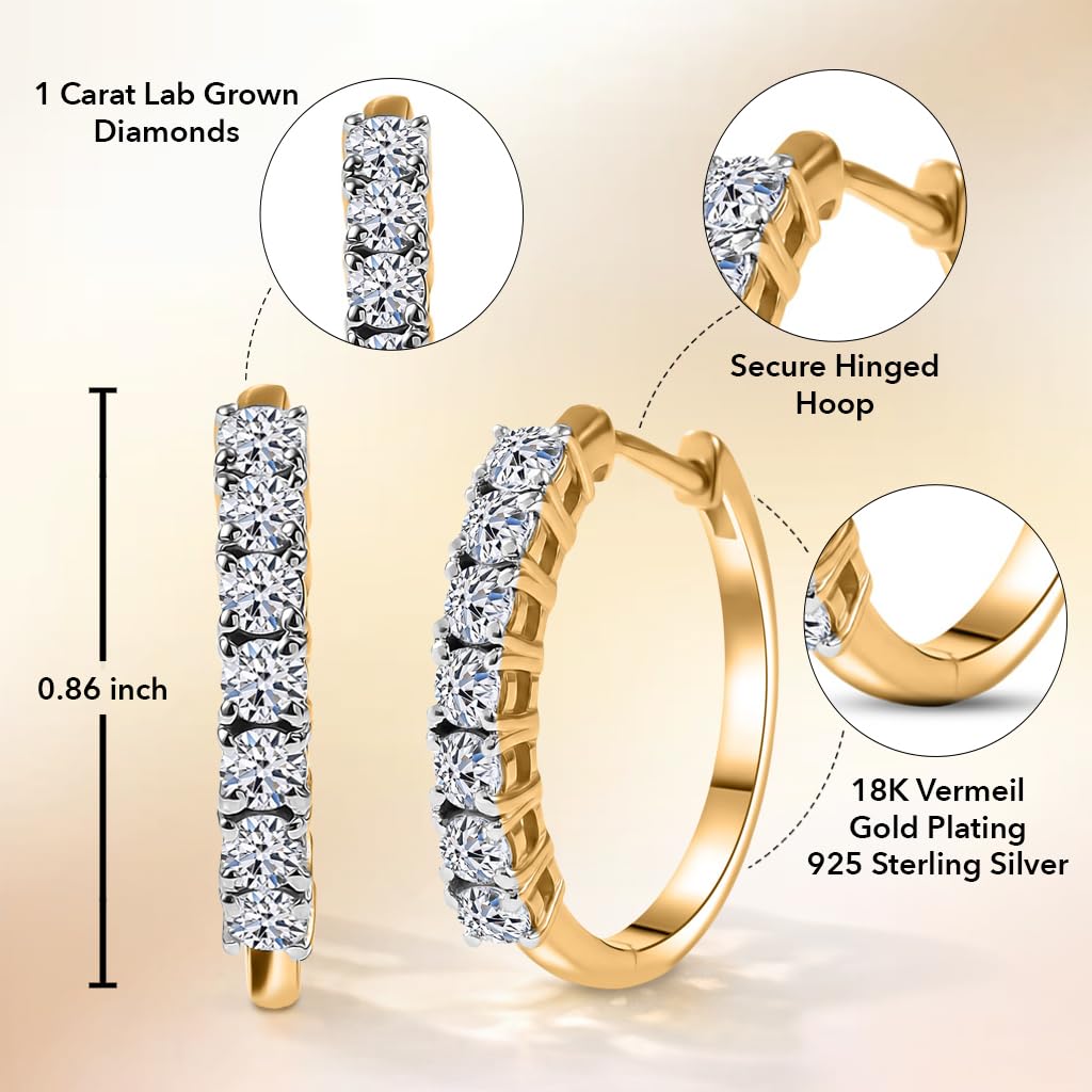 1 Carat Lab Grown Diamond Earrings for Women Hoops (G-H SI) in 18K Vermeil Yellow Gold Over 925 Sterling Silver Diamond Jewelry Gifts