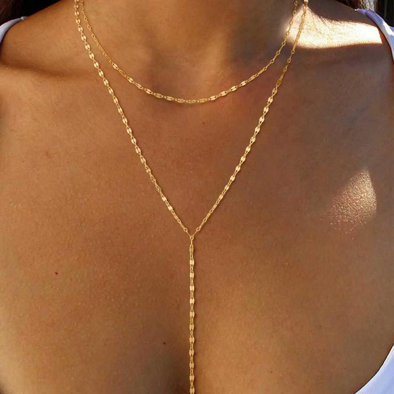 Fglqfam Lariat Necklace for Women, Dainty Long Necklaces, 14k Gold/Silver Plated Y-Shaped Drop Chain Necklace, Simple Layered Necklaces, Trendy Jewelry Gifts