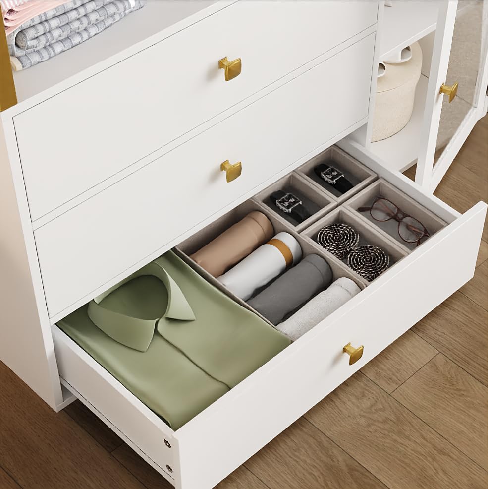 BOTLOG Closet System Organizer, 81.3” H Wardrobe Closet with 3 Wooden Drawers, Clothes Rack with Hanging Rods, 4 Tiers Shelves, Metal Frame, White and Gold