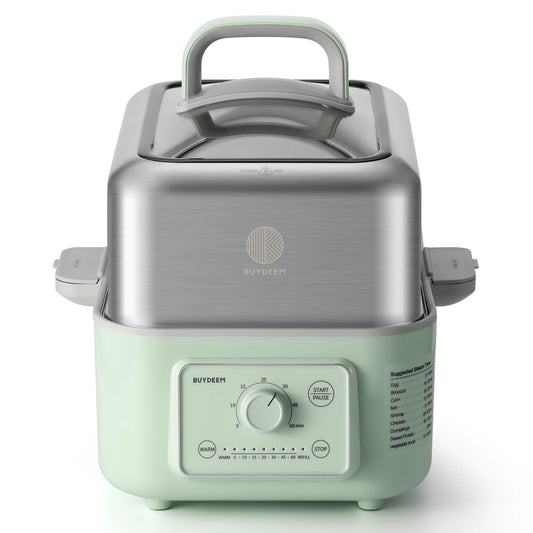 BUYDEEM G52 5.3 Quart Electric Food Steamer for 2-4 Servings, Vegetable Steamer for Cooking, 2-hour Keep Warm, 7 Preset Timings, Dual Boil-Dry Protection, Stainless Steel, Cozy Greenish