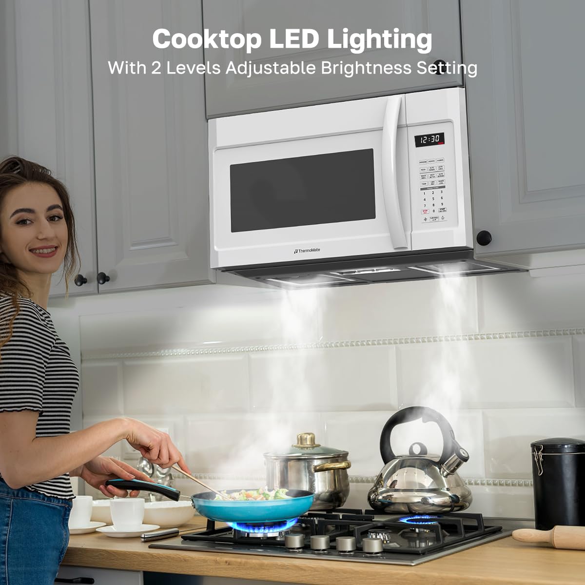 ThermoMate 30" White Over the Range Microwave with 1.9 Cu. Ft. Capacity, Over the Stove with One Touch, 1000 Cooking Watts, 400 CFM and Sensor Cooking, 11 Power Levels, LED Lighting