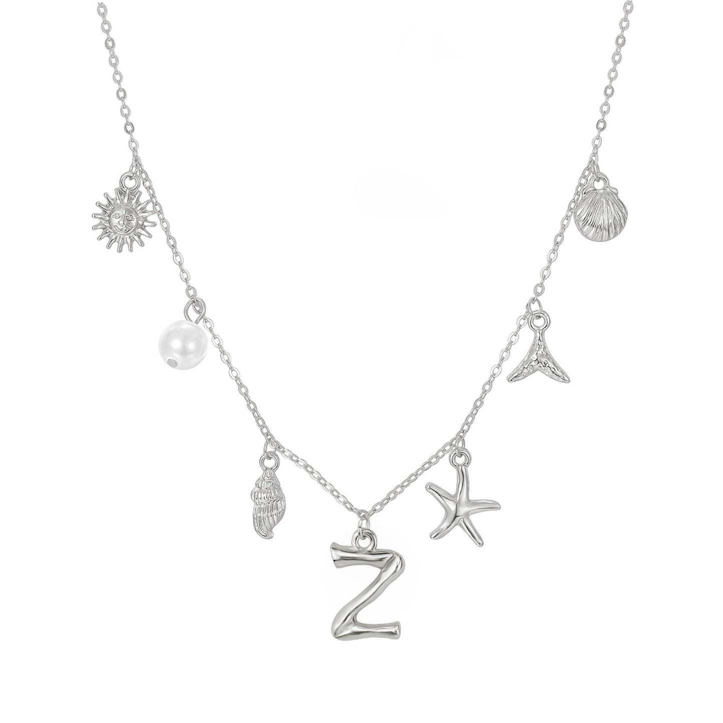 JALZEMPL Initial Charm Necklace For Women Seashell Shell Letter Boho Summer Beach Starfish 14k Gold Plated Silver Pendant Surfer Jewelry Gifts (Z,Silver)