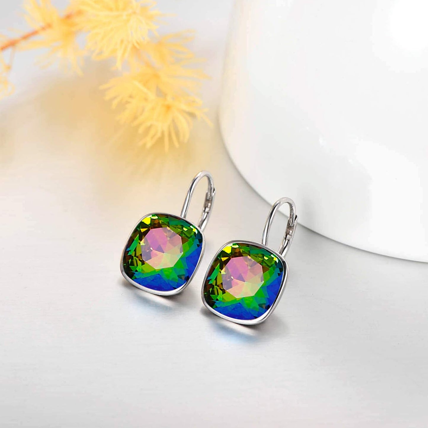 AOBOCO Sterling Silver Leverback Earrings Embellished with Crystals from Austria, Hypoallergenic Cushion Cut Square Crystal Earrings, Fine Anniversary Birthday Jewelry Gifts for Women (Colorful)