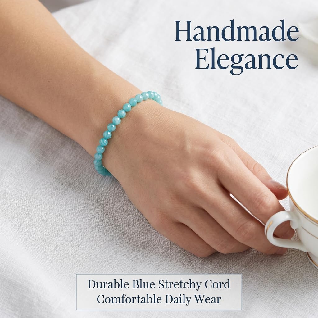 Angelstones Natural Brazilian Blue Amazonite Gemstone Stretch Bracelet, 4mm Faceted Round Beads, Crystal Healing for Women