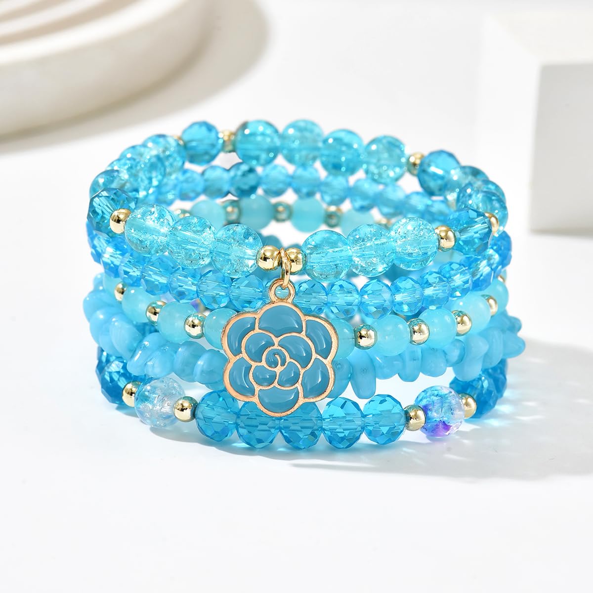 LOTSOF Boho Flower Beaded Bracelet Set for Women - Multilayer Crystal & Flower Charm Stackable Bracelets, Fashion Jewelry Gift for Her (Blue)