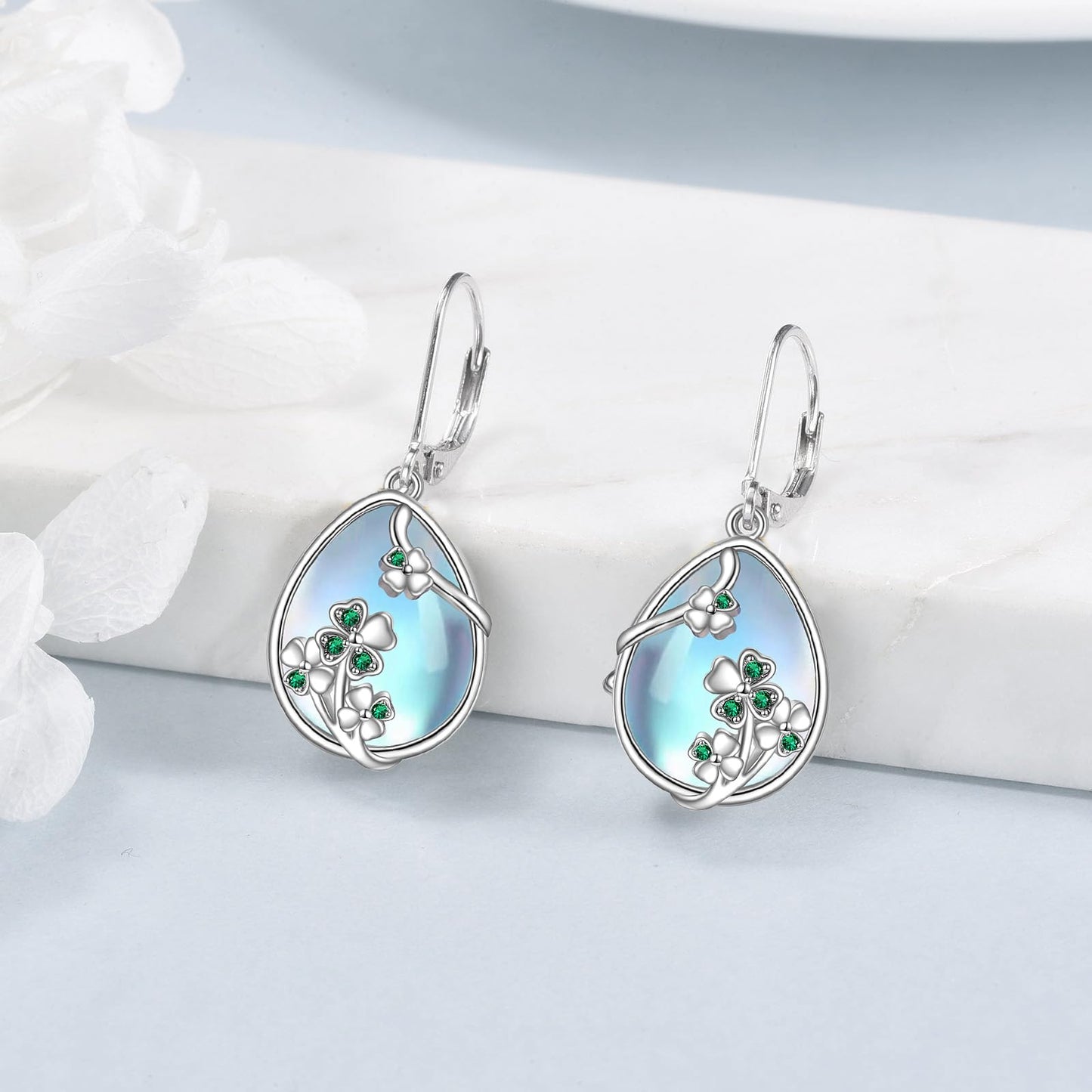 YFN Shamrock Earrings for Women Sterling Silver Four Leaf Clover Earrings Green Heart Cubic Zirconia Irish Shamrock Leverback Earrings Gifts