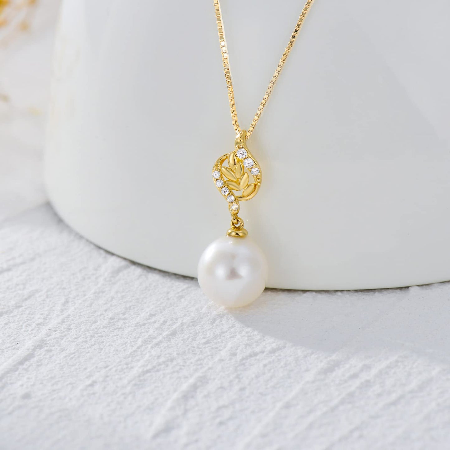 14K Gold Diamond Moon Pearl Earring and Leveas Pearl Necklace Set for Women, Fine Jewelry for Her