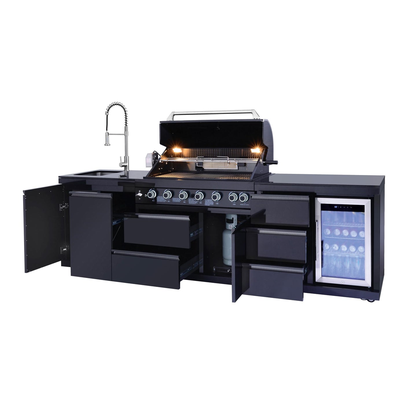 114 Inch Outdoor Kitchen Island, 6 Burner Propane Gas BBQ Grill Station, 83500 BTU 304 Stainless Steel Grill Combo with Sink & Refrigerator, CSA ETL Certified, Black