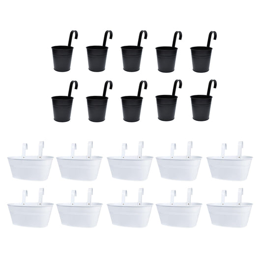LaLaGreen Bundle- 10 Pack, 6 Inch Black + 10 Pack, 11.8 Inch White Metal Pot Wall Mount Hanging Window Flower Plant Herb Boxes Famhouse Style Balcony Garden Decor Outdoor Rail Fence Patio Porch Deck
