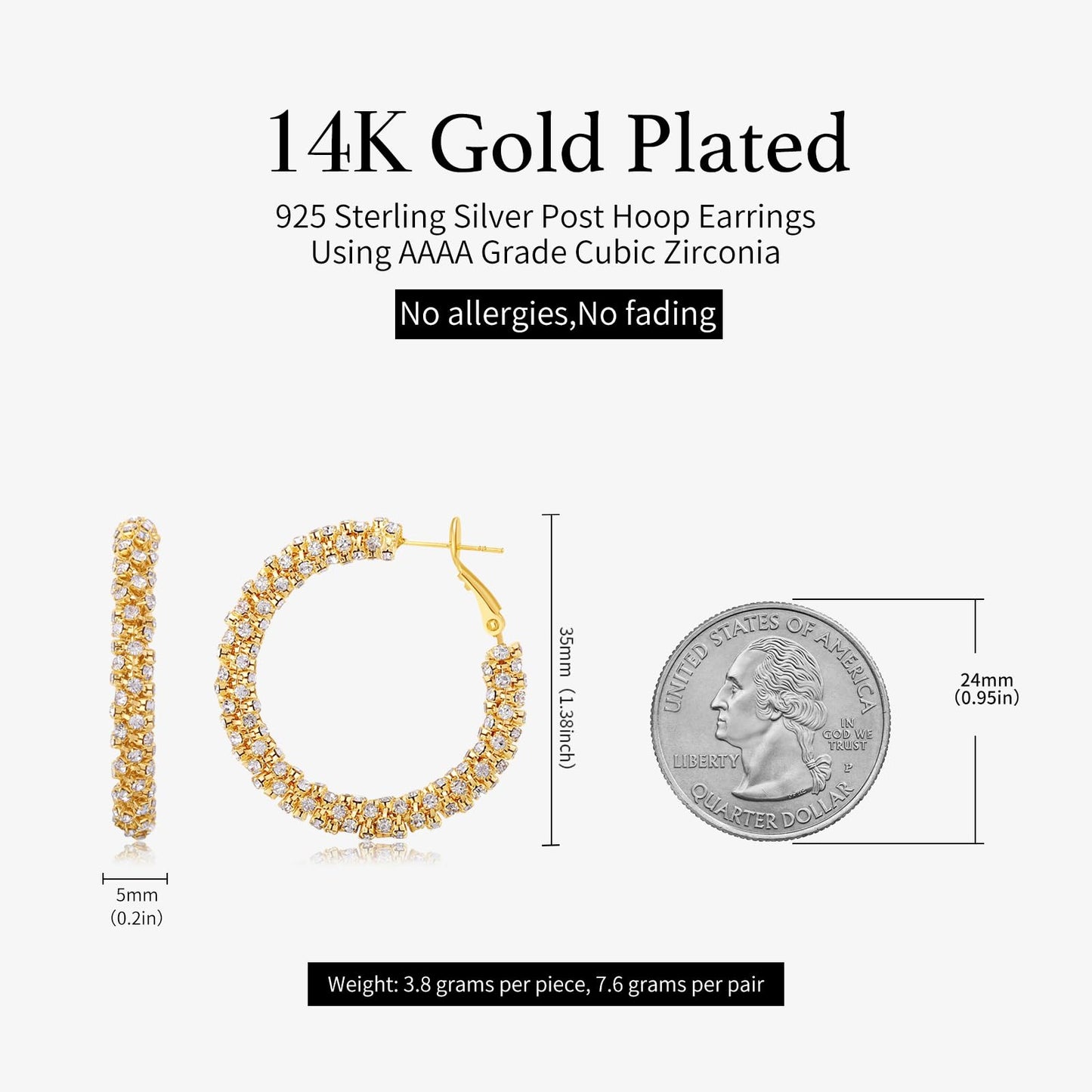 SayovatBek 14K Gold Plated 25–35mm Lightweight Hoop Earrings for Women, Cubic Zirconia, 925 Sterling Silver Post, Hypoallergenic Jewelry