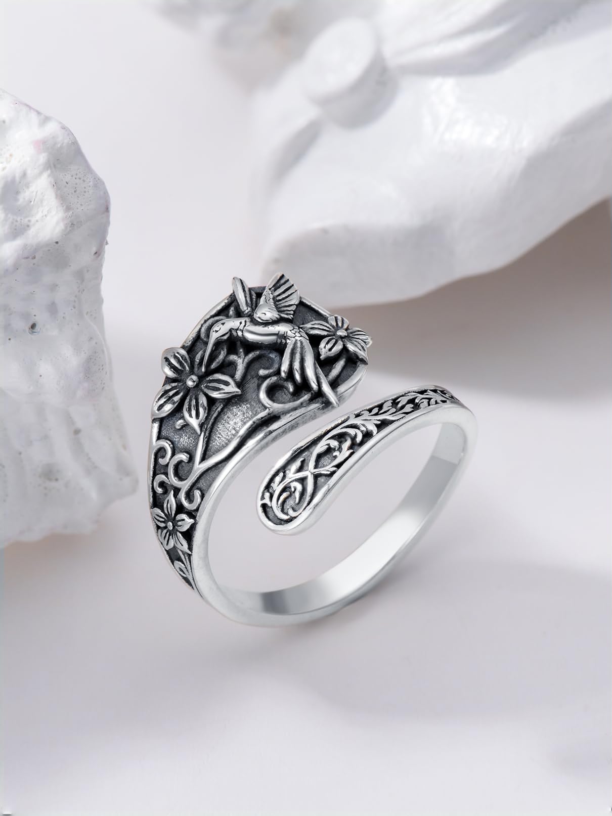 Midari 925 Sterling Silver Hummingbird Spoon Ring - Adjustable Open Thumb Ring for Women - Vintage Bird Jewelry for Hummingbird Lovers