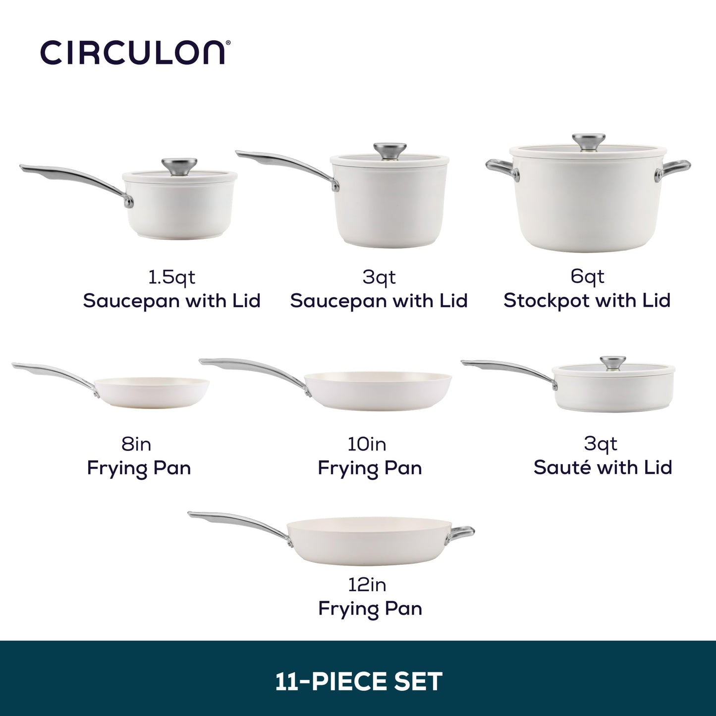Circulon Halo with LaserDefense Ceramic Nonstick Pots and Pans with Lids, Compatible with All Stovetops, Made without PFAS, Dishwasher and Oven Safe, 11 Piece Cookware Set - Pearl White