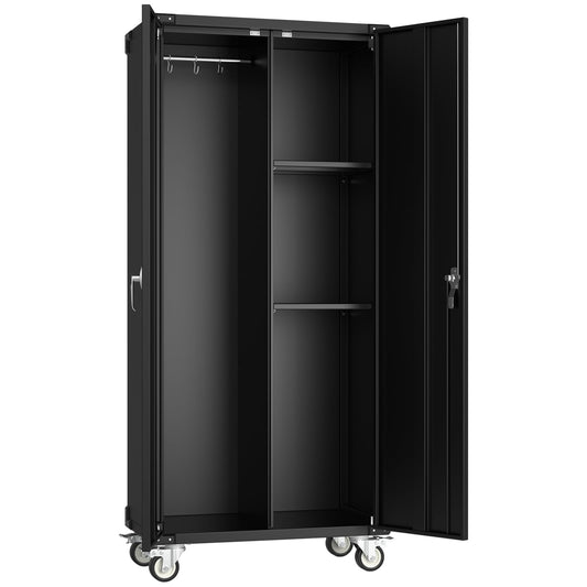 DUMOS 72" H Black Metal Garage Storage Cabinets with Lock Door, Adjustable Shelves and Wheels, Steel Tool Cabinets for Home,Office,Warehouse