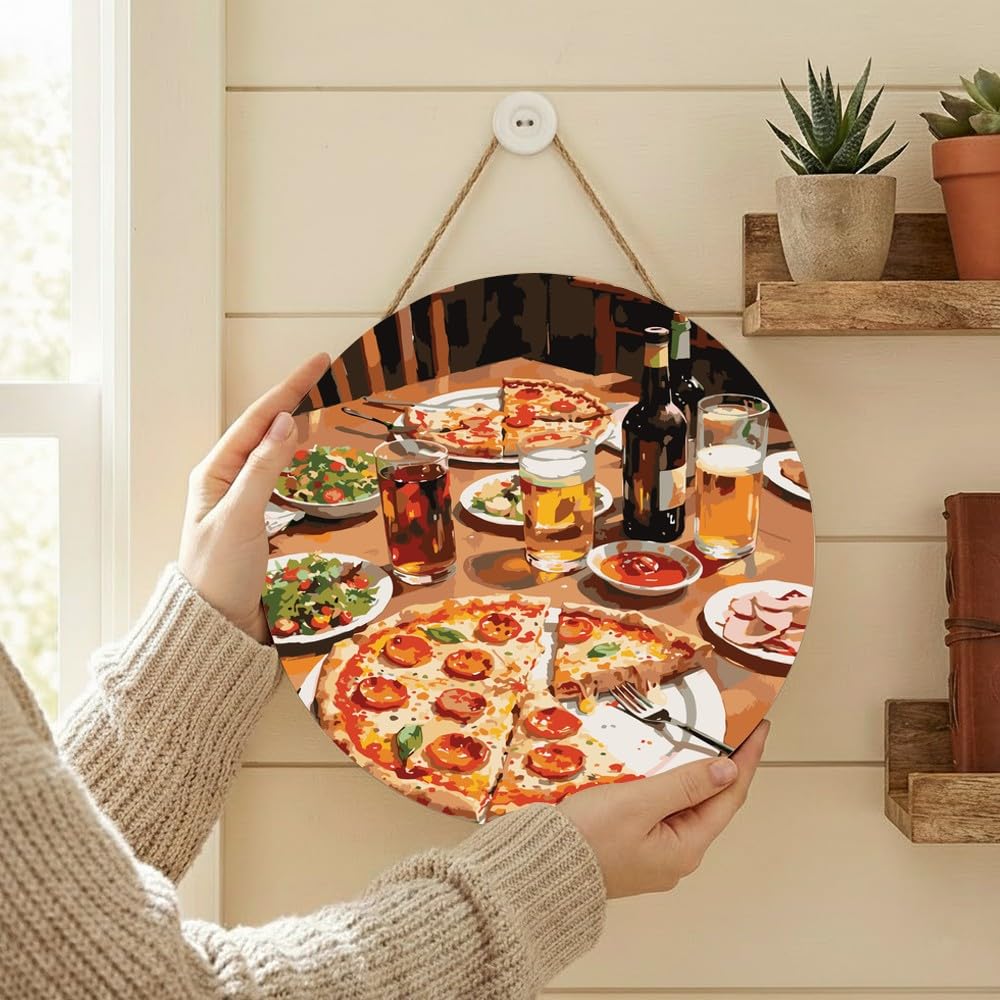 Food and Drink Paint by Numbers Kit for Adults on Wood Board – DIY Pepperoni Pizza and Drink Table Wood Craft Painting Kit, 12 in Round, Acrylic Paint Set, Beginner-Friendly, Relaxing Home Decor Gift