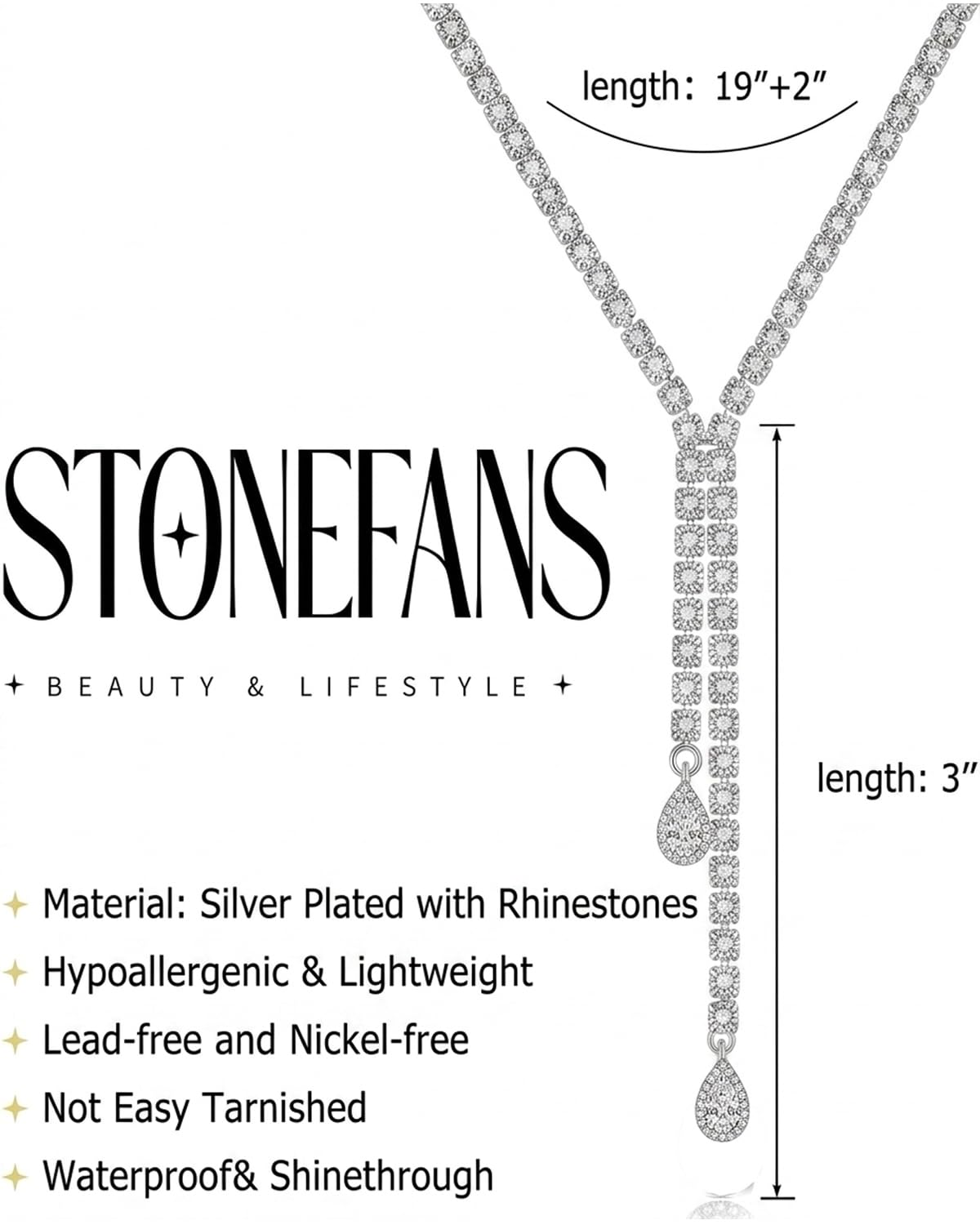 STONEFANS Long Necklaces for Women - Silver Rhinestone y Lariat Necklace for Women Cute Long Wedding Dainty Tear Drop Beach Necklace Summer Trendy Rhinestone Prom Beach Jewelry