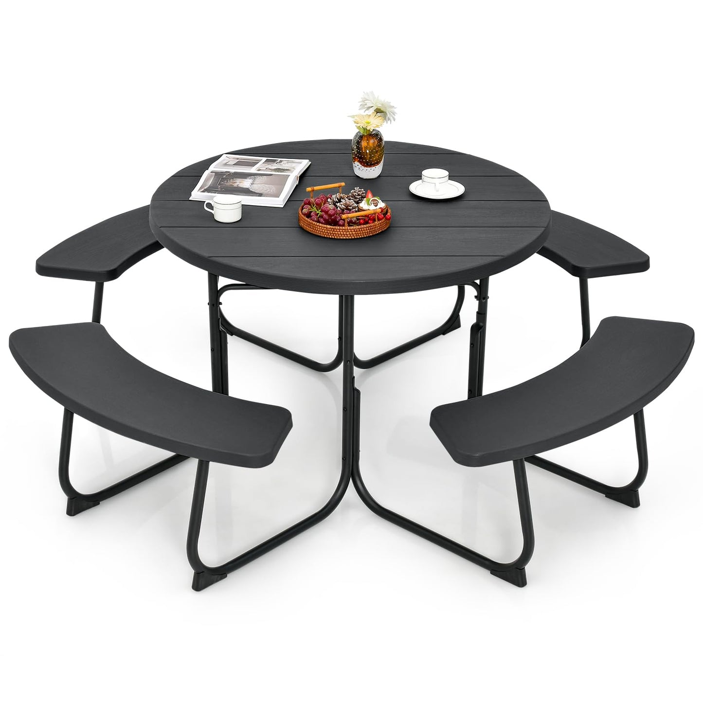 Tangkula 8 Person Picnic Table, Outdoor Round Picnic Table with 4 Built-in Benches, Umbrella Hole, Metal Frame & HDPE Tabletop, Outside Table and Bench Set for Backyard, 2300lbs Weight Capacity