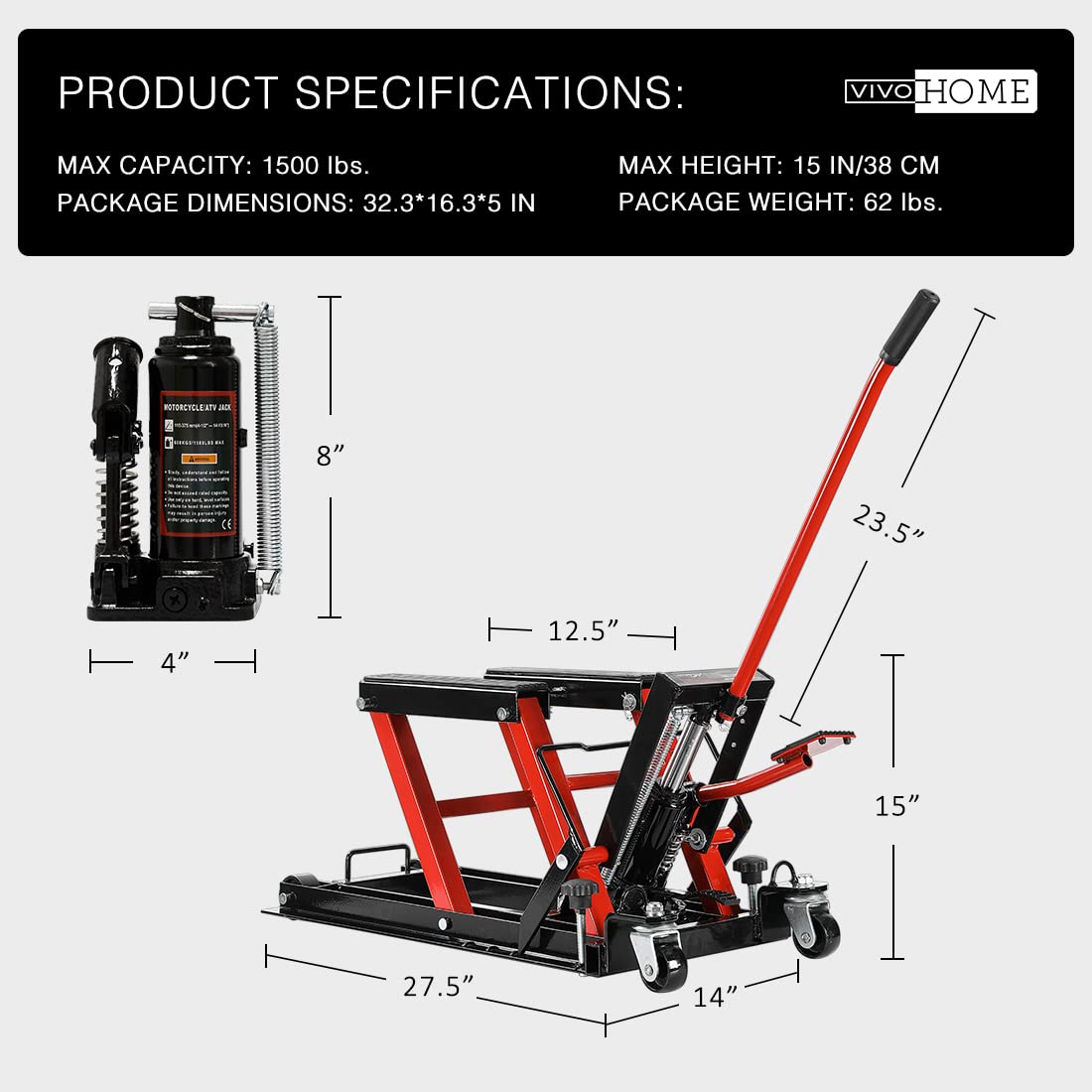 VIVOHOME 1500 LBS Hydraulic Motorcycle Lift Jack, Heavy-Duty Steel ATV Lift Stand with Wheels & Handle, for Motorcycles, Dirt Bikes, ATVs (Red)