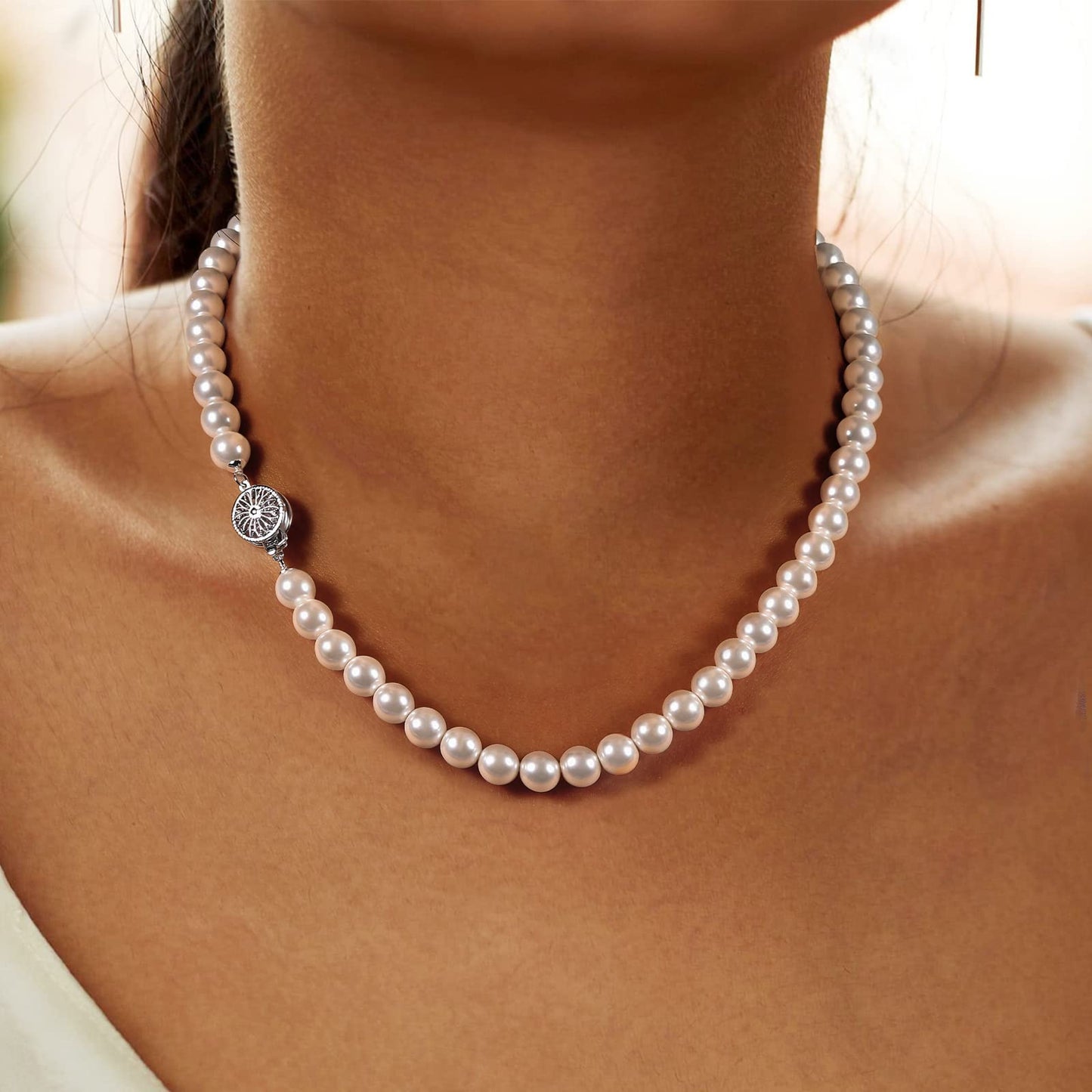 White Pearl Strand Necklace Women: 8mm/10mm Ivory Pearl Chain Wedding Jewelry with Dainty Silver Clasp for Bride Bridemaid - Trendy Accessory for Mother Elegant Lady (8mm)