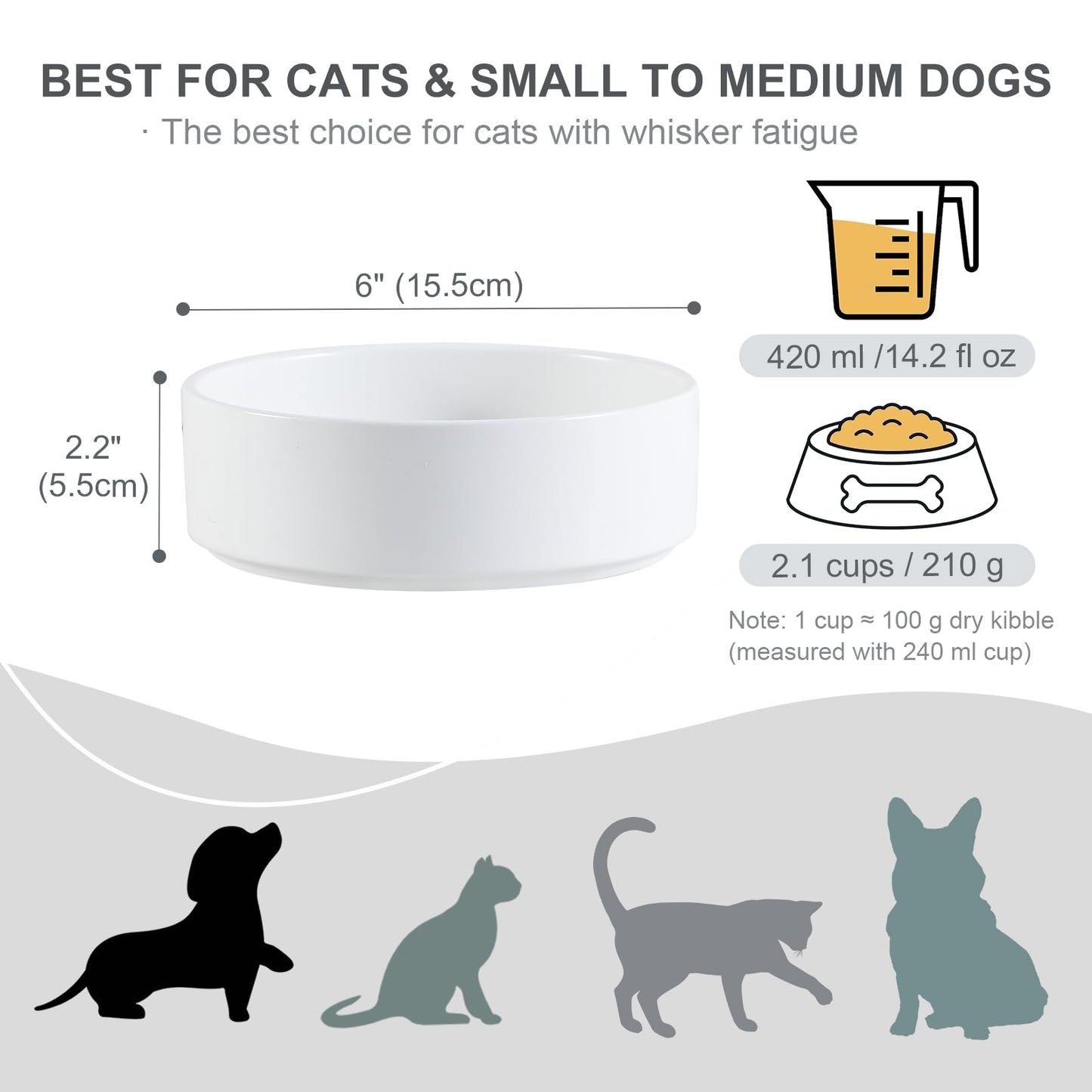 Ceramic Dog Bowl for Food and Water - Pet Feeder Bowl for Small to Medium Dogs and Indoor Cats - Heavy Ceramic Feeding Dish with Non Slip Base - Dishwasher & Microwave Safe - 6 Inch - 2.1 Cups - White