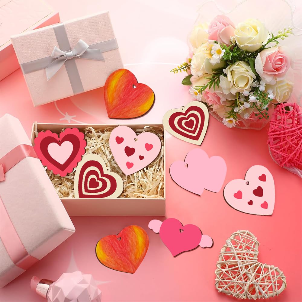 SDTHNT 60 PCS Unfinished Wooden Hearts for Crafts,Valentine's Day Ornaments Hanging Decorations, Unfinished Wood Heart Painting Craft Kit, DIY Valentines Crafts for Classroom Party Activities