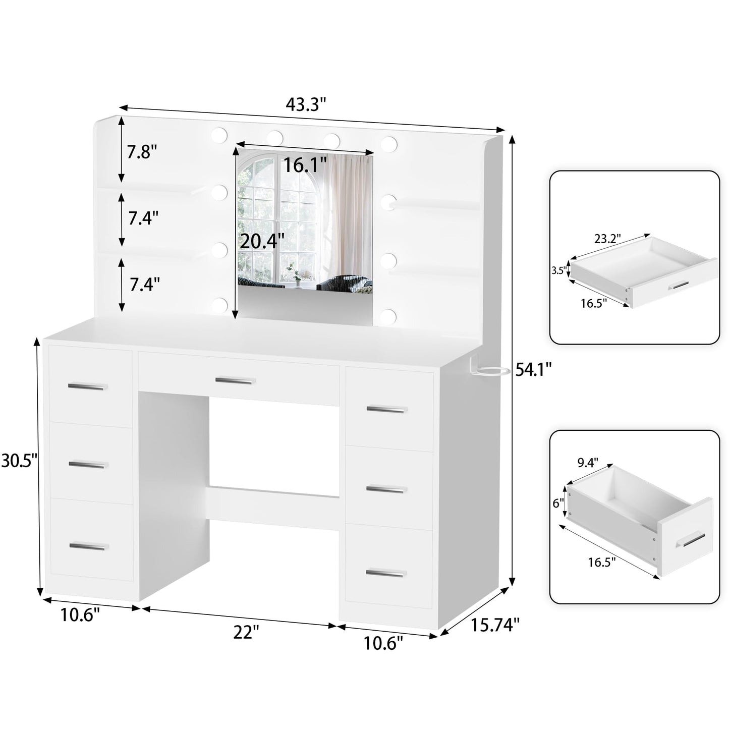 YESHOMY Vanity Desk with Mirror, Power Outlet and 10 Lights, Makeup Table with 7 Drawers, 3 Color Modes Available for Bedroom, White