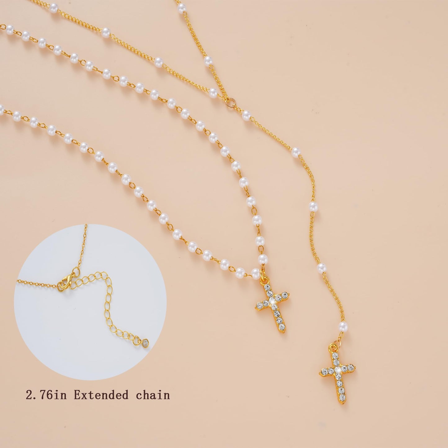 2PCS Layered Gold Cross Necklaces for Women Trendy, Bohemian Bead Pearl Y Long Pendant Necklace Set, Vintage Rosary Necklace Stack Adjustable Length