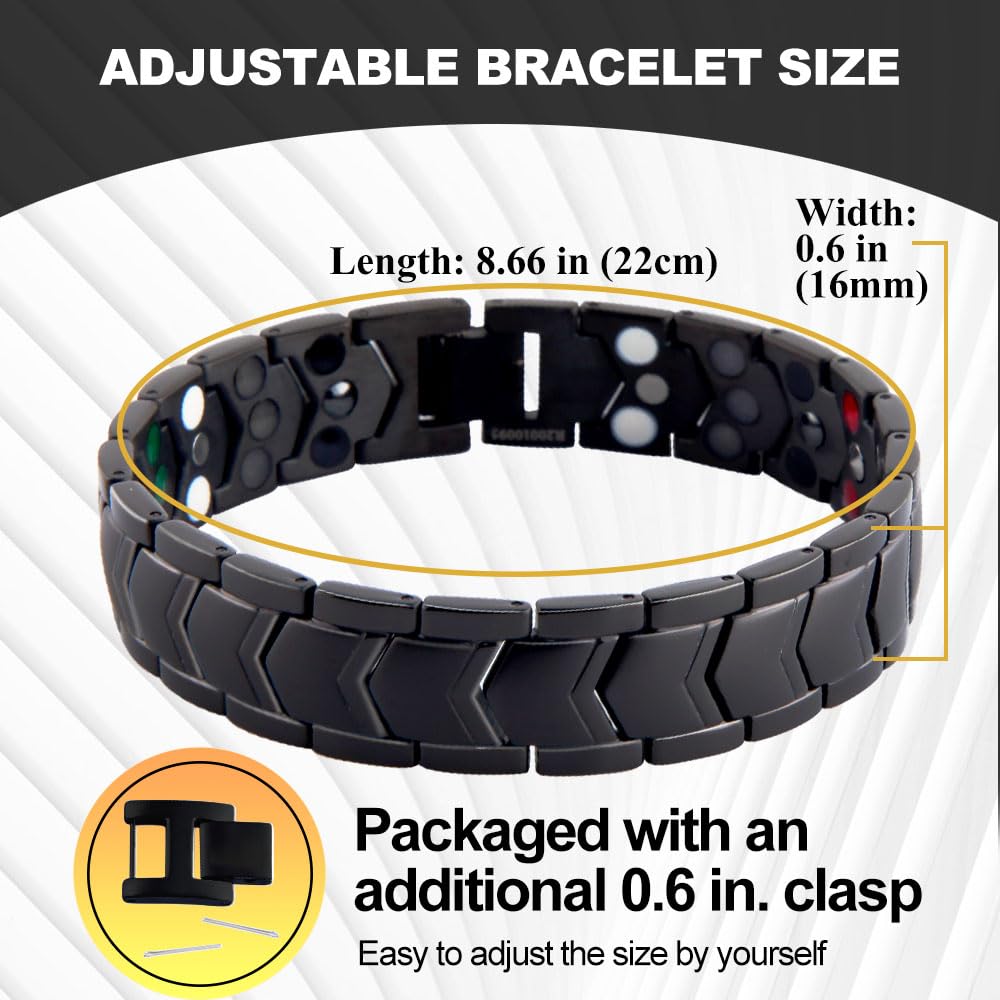 KYOSI 3X Magnetic Bracelets for Men Three rows Energy Stainless Steel Bracelet Magnet Link Mens Christmas Gift Jewelry (Black, 8.66 inches)