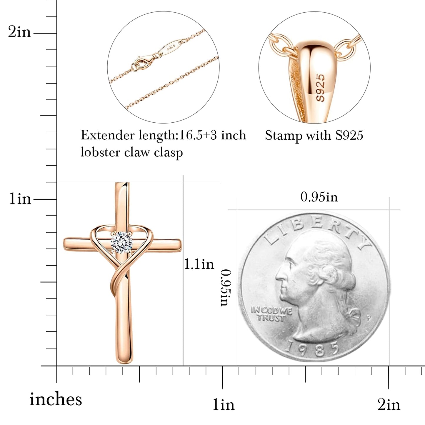 AmorAime 925 Sterling Silver Cross Necklace for Women Men 14K Gold Plated 5A CZ Birthstone Necklaces for Holiday (M-Rose Gold)