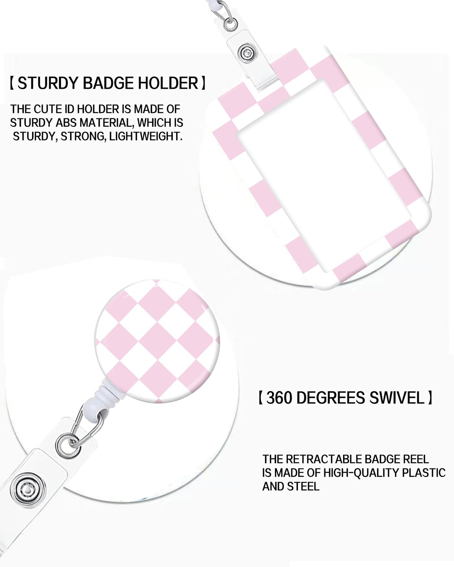 ID Badge Holder with Retractable and Detachable Lanyard, Cute Badge Reel Breakaway Lanyard with Carabiner Clip for Women, Teachers, Nurses, Students, Perfect Work and Office(Pink Plaid)