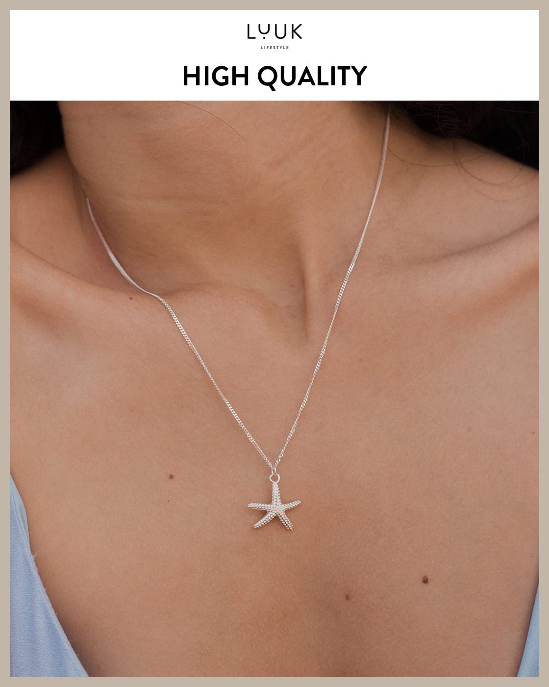 LUUK LIFESTYLE Necklace in 925 sterling silver with starfish pendant and HAPPINESS gift card, jewelry for daily wear, festival, special occasions, 19” adjustable chain, strong and durable, silver