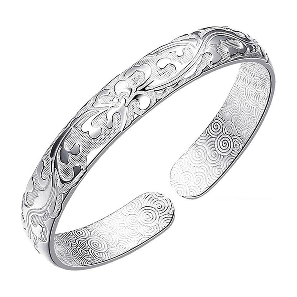 Abiotp Sterling Silver Plated Cuff Bangle Bracelets Adjustable Jewelry Fashion Simple Open Bangles Cuff Jewelry for Women Mom Wife Mothers Day Valentine Gift