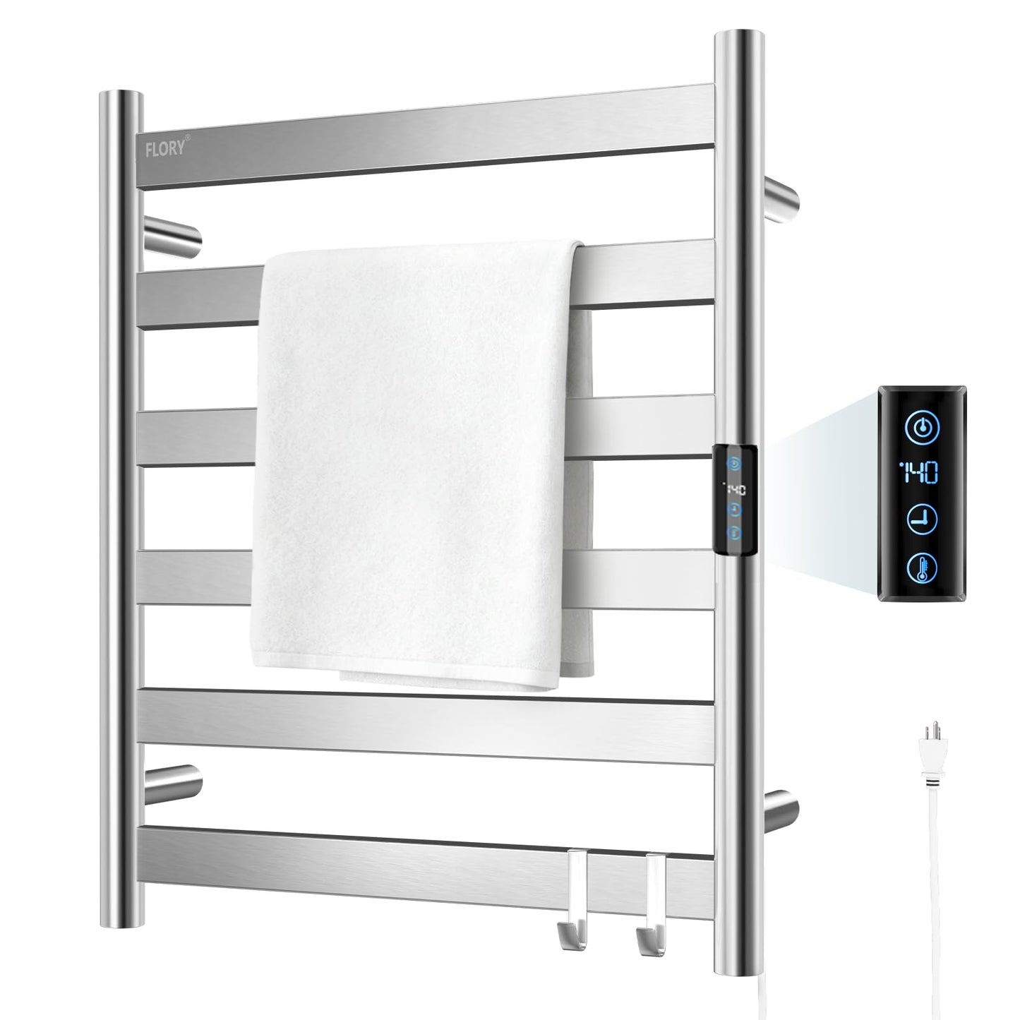R FLORY Heated Towel Rack for Bathroom, 6 Bar Wall Mounted Towel Warmer Rack Flat with Timer & Temperature, Electric Towel Heater with LED Display Screen, Plug-in