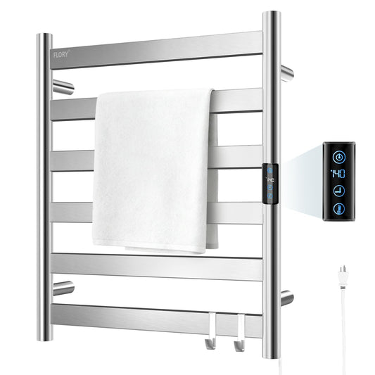 R FLORY Heated Towel Rack for Bathroom, 6 Bar Wall Mounted Towel Warmer Rack Flat with Timer & Temperature, Electric Towel Heater with LED Display Screen, Plug-in