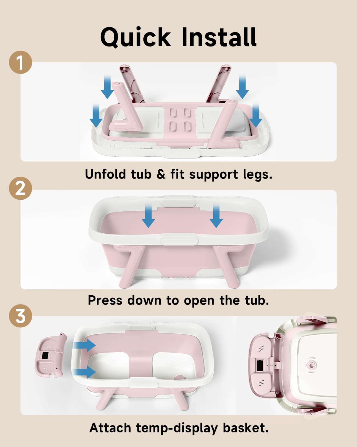 EverKiddo Collapsible Baby Bathtub, Laege Infant Bath Tub with Thermometer & Cute Soft Cushion for Newborn to 36-Month Toddlers, Storage and Non-Slip Feet Design, Baby Bath Gift (Pink)